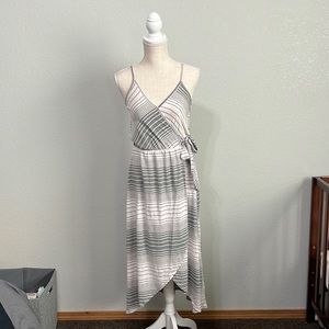Striped Faux Wrap Tie Dress Light Pink Gray Mid Length Long Size M